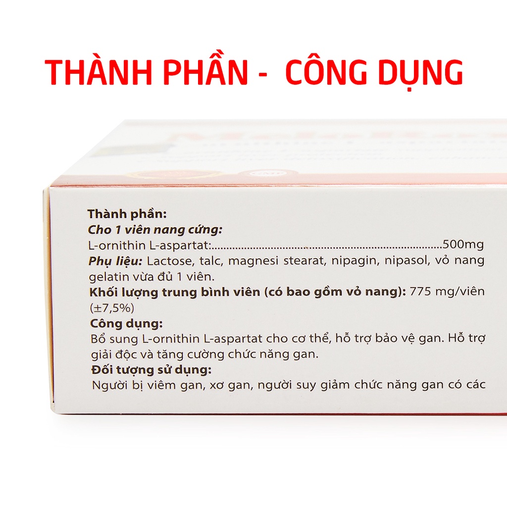 Viên uống bổ gan L-ornithine L-aspartat 500mg hạ men gan - 30 viên