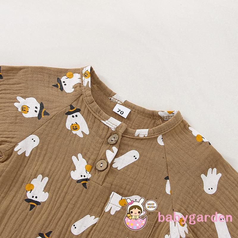 Áo Liền Quần Tay Dài Cổ Tròn In Hình Ma Bí Ngô Có Nút Và Túi Cho Bé 0-18 Tháng Tuổi