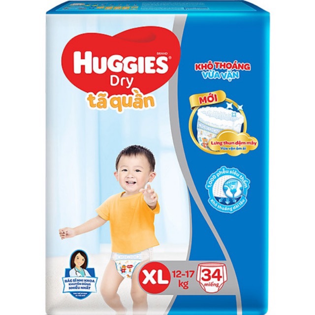 Tã Quần Huggies Dry XL34 Mẫu mới “Đệm mây co giãn” (32 Miếng)