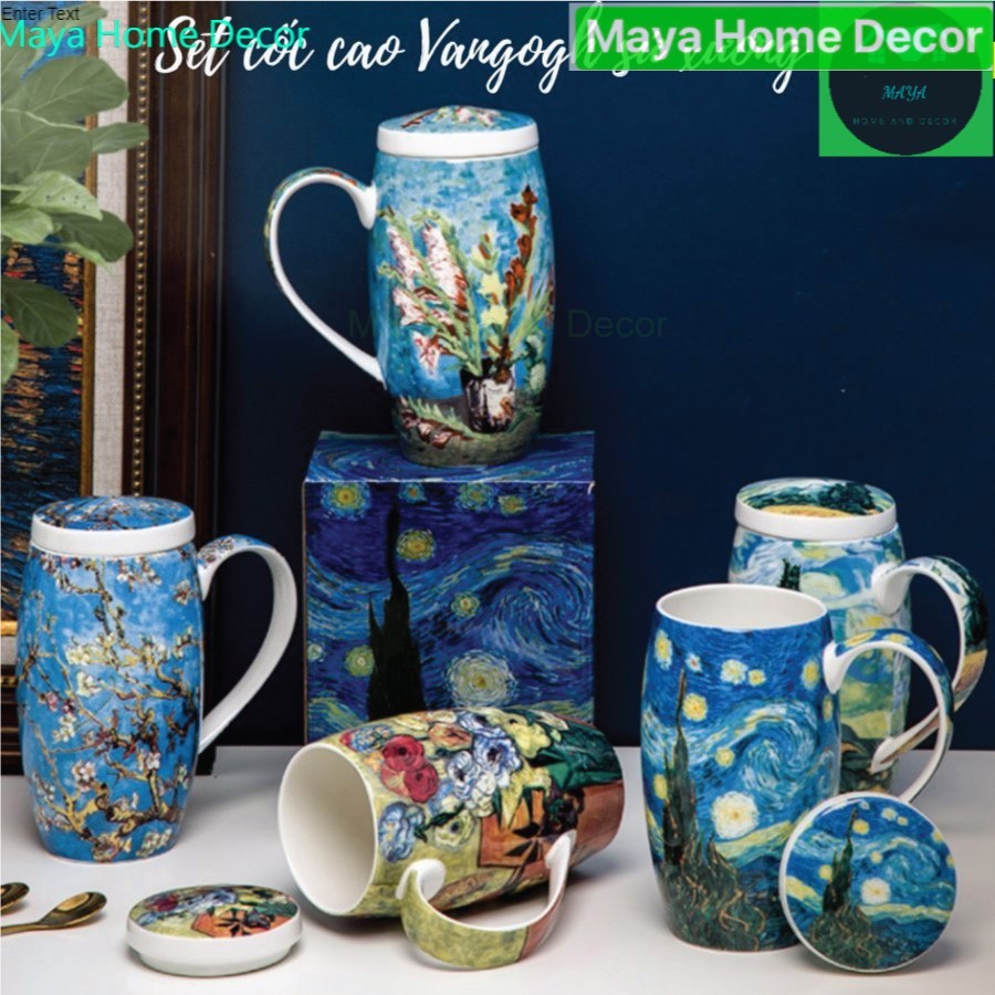 [Có sẵn] Set cốc cao Van Gogh sứ xương cao cấp kèm nắp, thìa có hộp đẹp [bán lẻ] dành riêng cho những ai yêu nghệ thuật