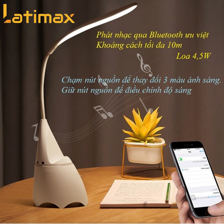 Đèn Bàn Học Đọc Sách 3 Chế Độ Sáng Latimax Bảo Vệ Mắt Có Loa Bluetooth Phát Nhạc kèm Pin Sạc Dung lượng cao