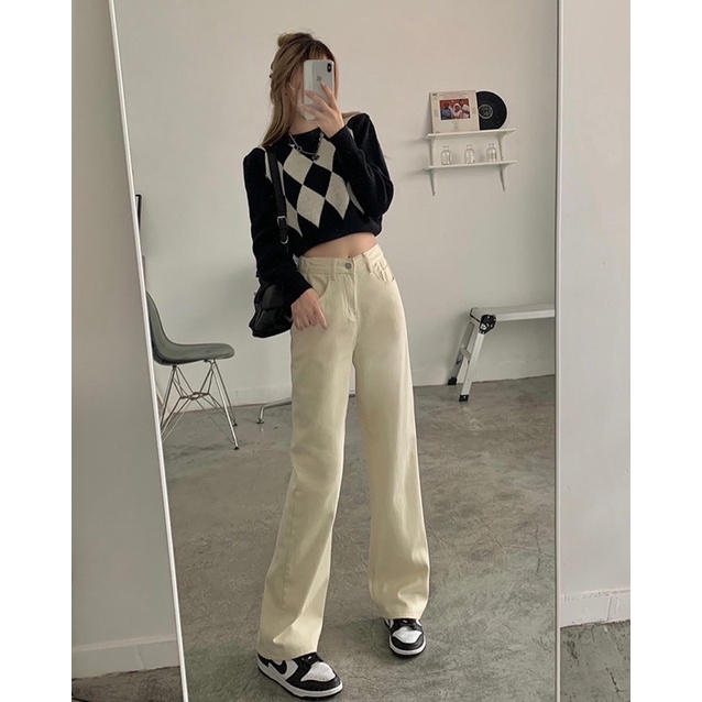 Quần Jeans Suông Dài Màu Kem Nam Nữ Ống Đứng Chất Jean Kaki Phong Cách Ulzzang Basic Đi Học Đi Làm