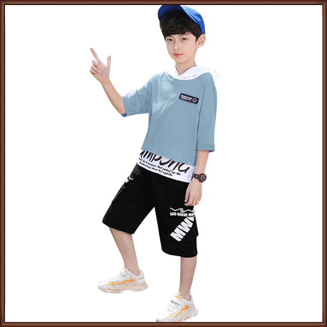 Set Đồ 2 Món Gồm Áo Thun Cotton Tay Cộc Có Mũ Trùm In Chữ + Quần Short Thời Trang Cho Bé Trai