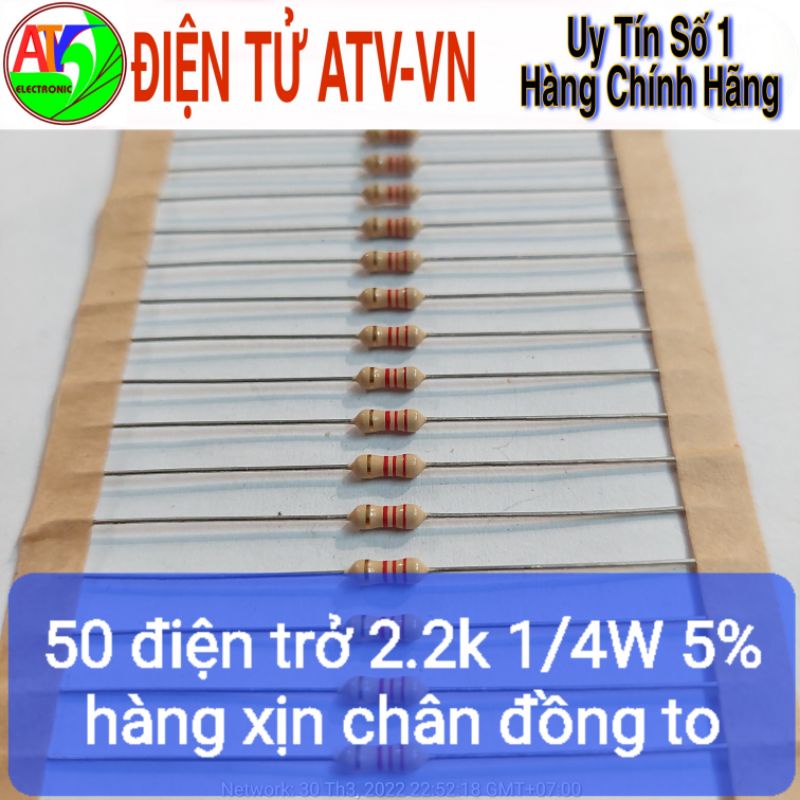 50 điện trở 2.2k 2k2 1/4W 5% hàng xịn chân đồng to