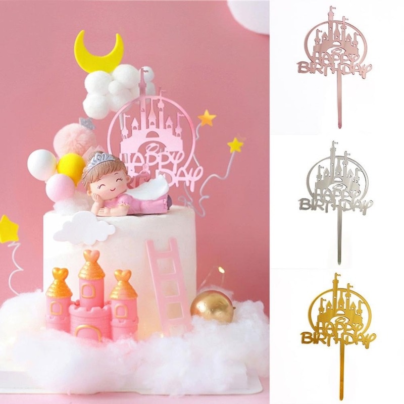 Que Cắm Trang Trí Bánh Kem Bằng Acrylic Chủ Đề Công Chúa Lâu Đài Màu Vàng Hồng