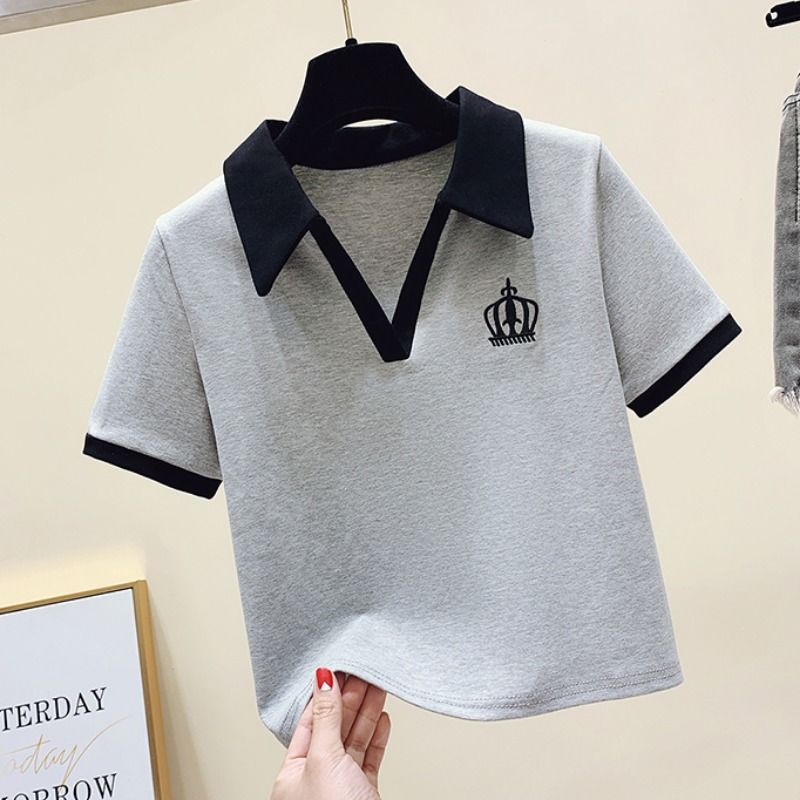 Áo thun polo dáng ngắn cổ V tay ngắn phong cách hè cho nữ