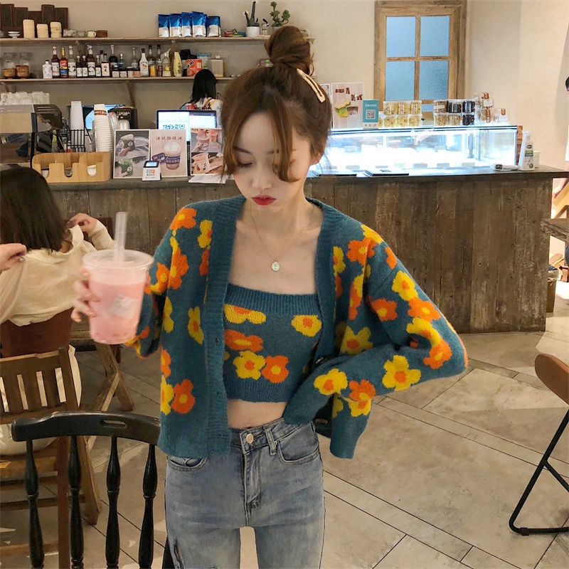 Áo khoác cardigan dệt kim dáng ôm in hoa thời trang xuân thu