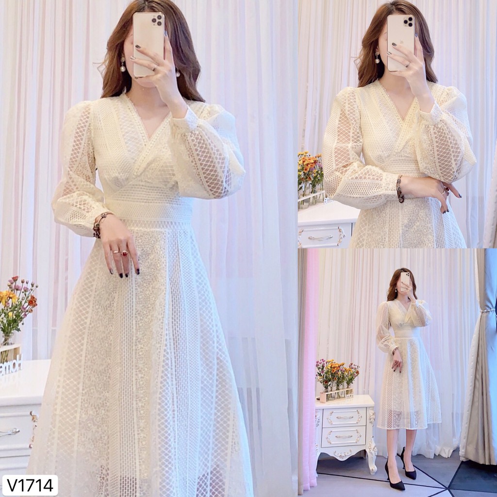 Váy kem ren xòe thiết kế V1714 - DVC Dolce Viva Colection Authentic ( Ảnh mẫu và ảnh trải sàn do shop tự chụp )