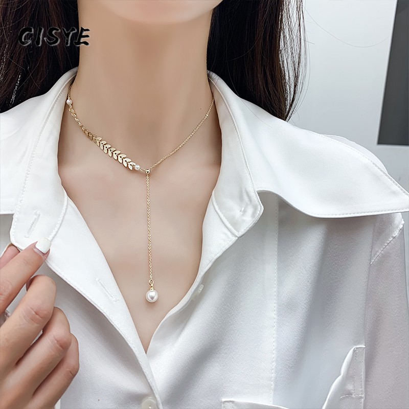 Dây chuyền thiết kế hình lá lúa mì phối mặt đính hạt ngọc trai nhân tạo có thể điều chỉnh thời trang cho nữ