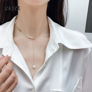 Dây chuyền thiết kế hình lá lúa mì phối mặt đính hạt ngọc trai nhân tạo có thể điều chỉnh thời trang cho nữ