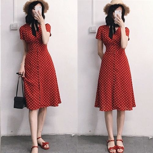 Đầm Ngắn Tay Cổ Chữ V Với Họa Tiết Chấm Bi Xinh Xắn Dành Cho Nữ