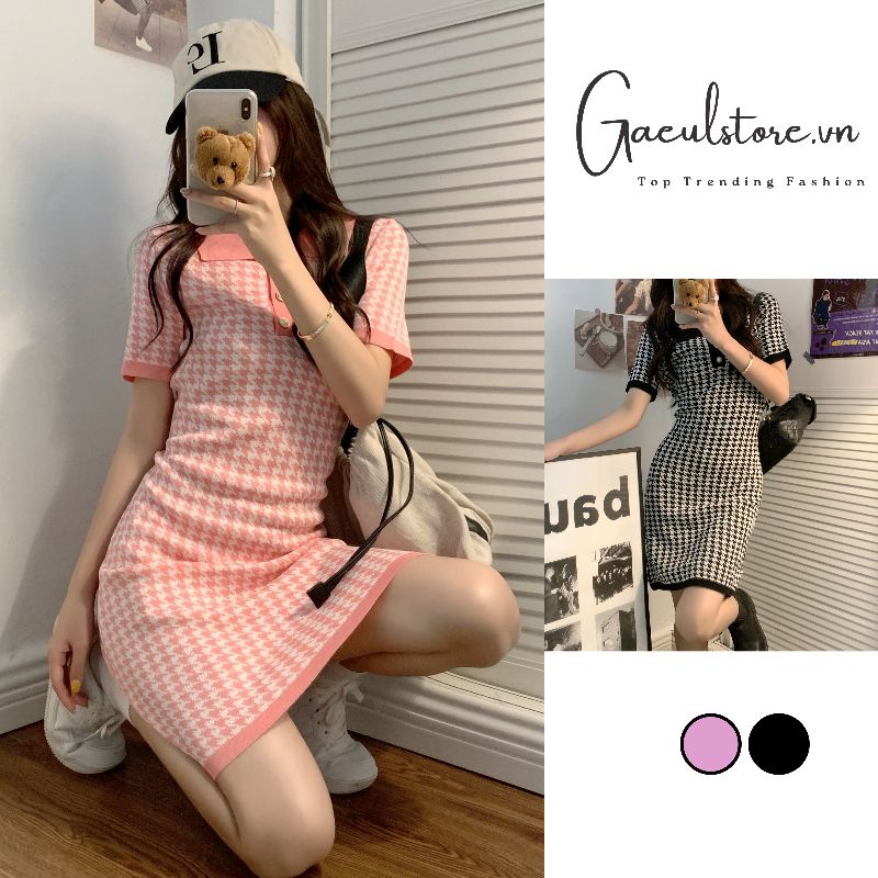 Gaeul store-đầm váy len body polo zic zac - cổ bẻ khuy cài