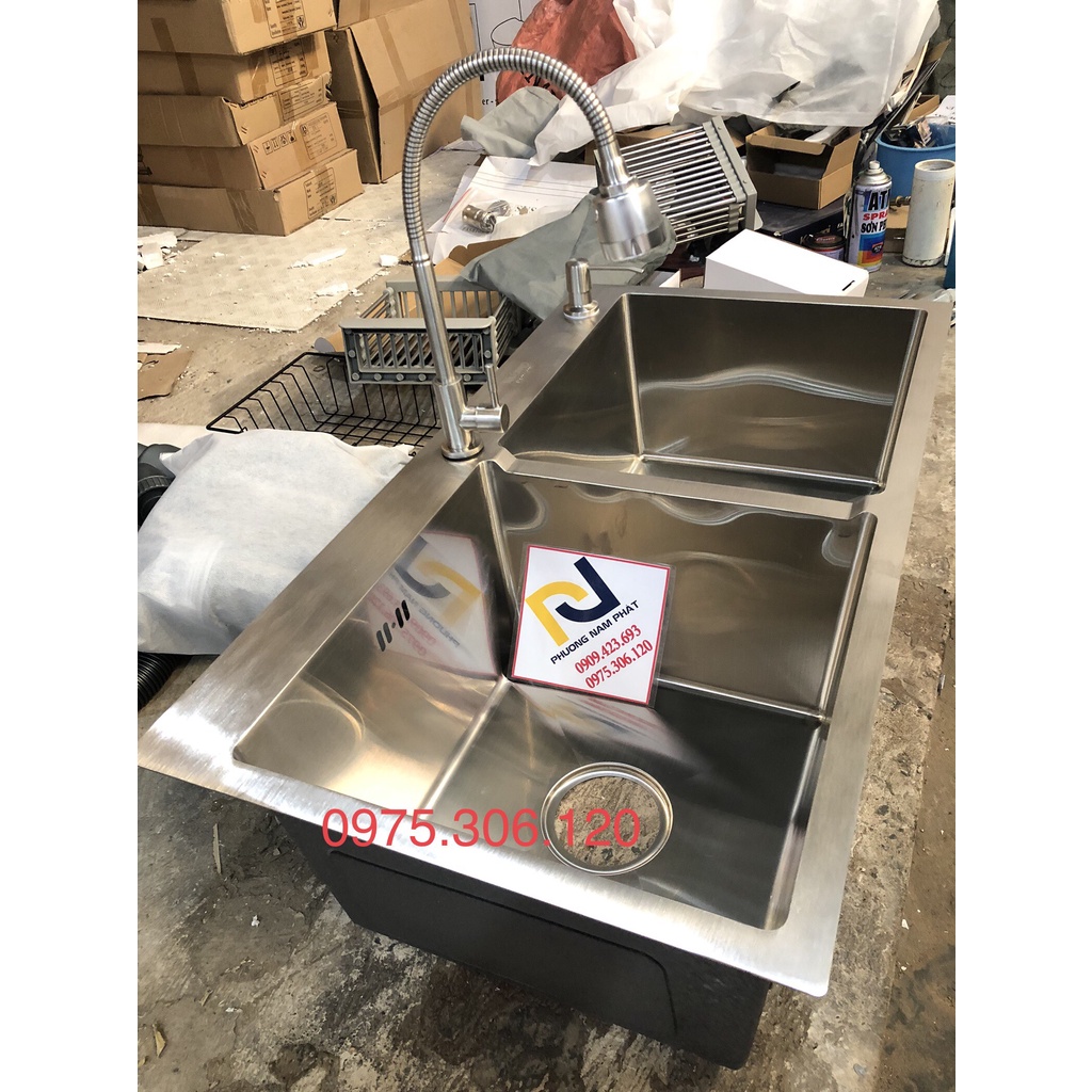 [CHẬU ĐÚC} Chậu Rửa Chén Bát INOX SUS 304 N5 8245 NA.GRAND và xả chậu và Rổ rút và Vòi chén nóng lạnh và Bình rửa chén