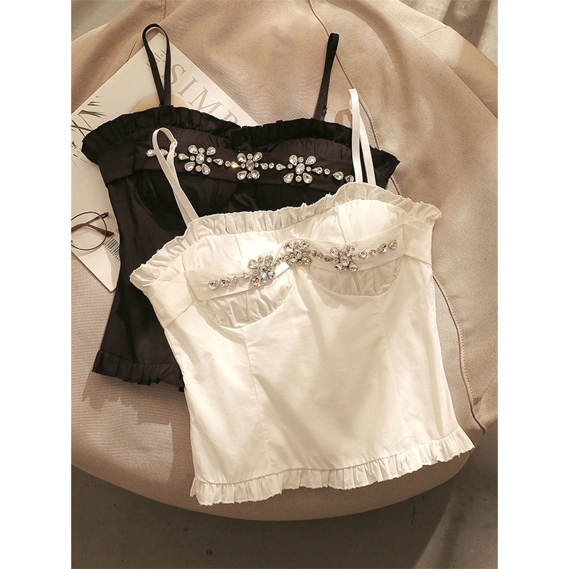 Áo Ngắn Hai Dây Dáng Ôm Đính Đá Thời Trang Mùa Xuân Phong Cách Mới Ngọt Ngào Cho Nữ