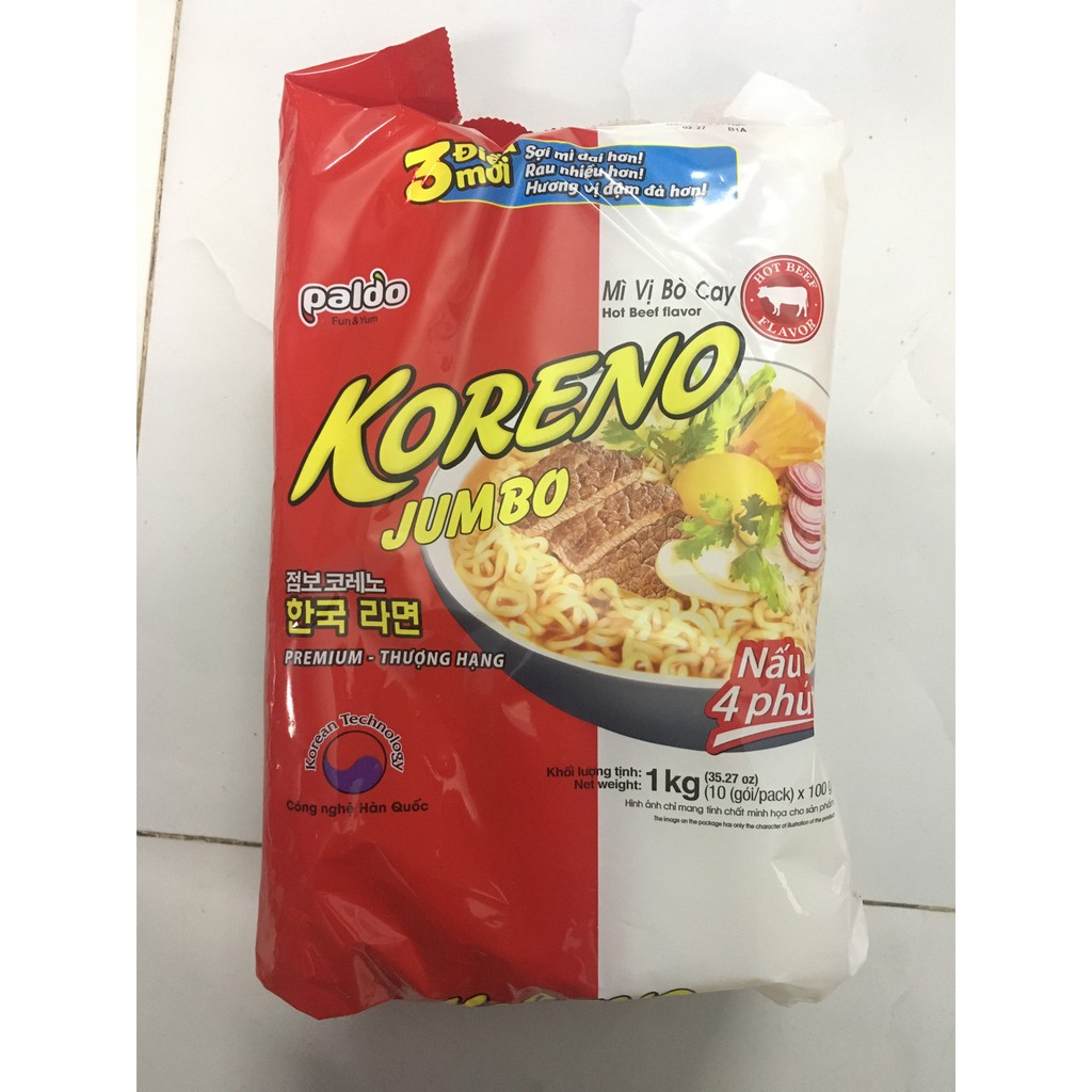 MÌ Ăn Liền KORENO JUMBO HÀN QUỐC 1KG GÀ/ TÔM/ BÒ CAY/ KIM CHI/ NẤM/ HẢI SẢN CAY