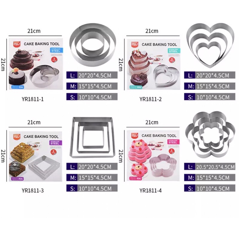 Bộ 3 khuôn ring Mousse tròn,trái tim, vuông, hoa mai