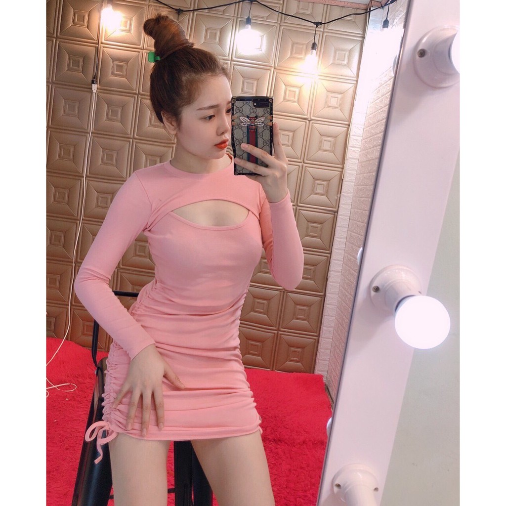 Siêu phẩm đầm cut out ngực tay dài rút dây 2 bên xinh sexy