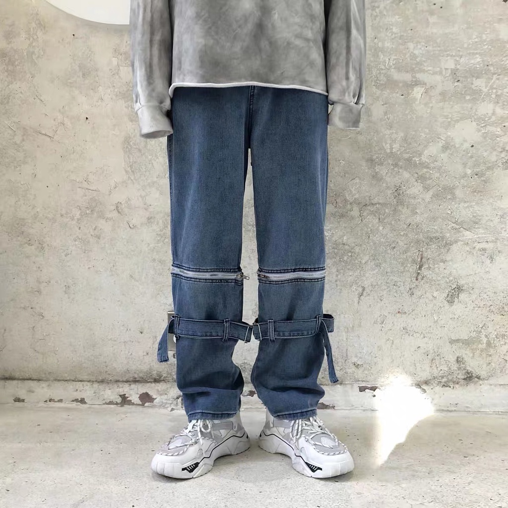 Quần Baggy Nam Nữ Khóa Gối Ống Rộng Bom House Chất Liệu Jeans Mềm Mịn