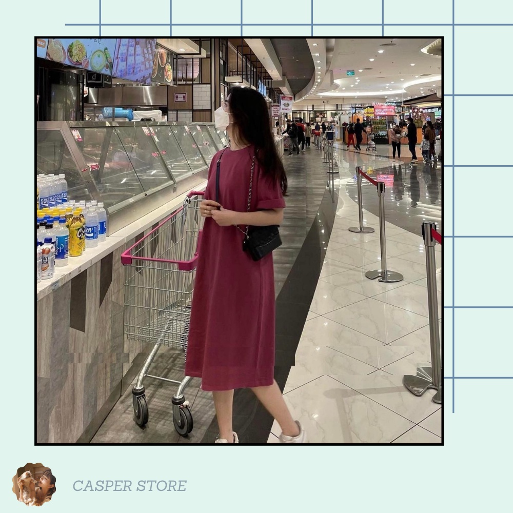 Váy thun nữ dáng suông vintage - Casperstore - Đầm thun nữ dáng suông, 2 màu trơn ĐỎ | RÊU Vintage SIÊU HOT