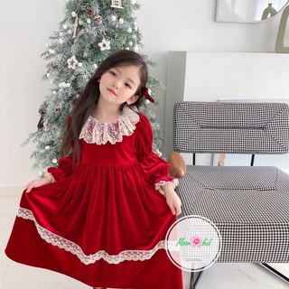 Váy babydoll nhung đỏ cổ ren cho bé