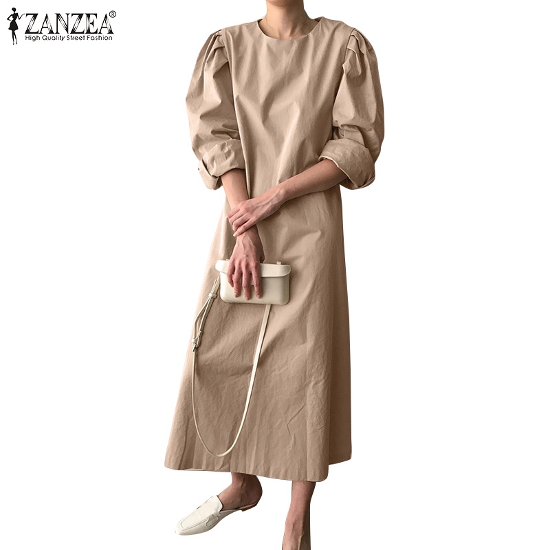 Đầm maxi ZANZEA tay dài cổ tròn màu trơn cài nút thời trang cho nữ