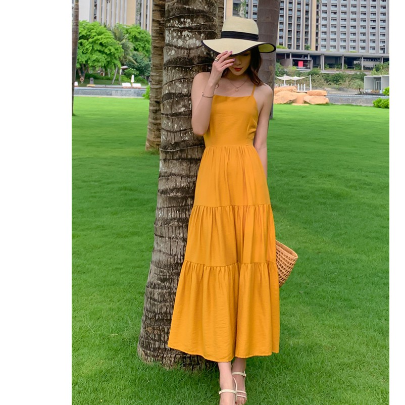[Có Sẵn S, M] [Ảnh Thật] Váy Maxi vàng 2 dây đan lưng đi biển siêu hot | BigBuy360 - bigbuy360.vn