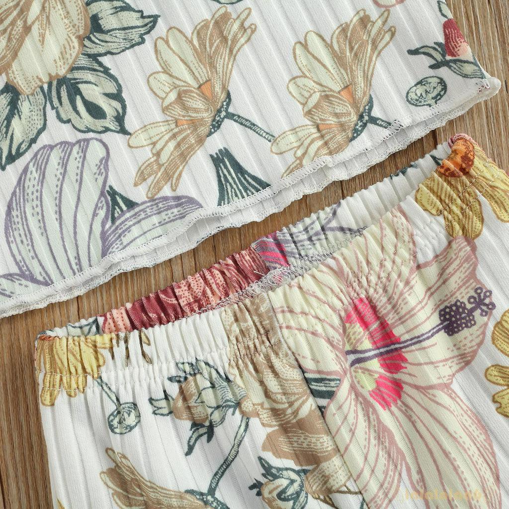 Bộ Áo Crop Top 2 Dây In Hoa + Quần Ống Loe Thời Trang Cho Bé Gái