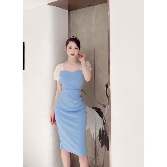 Đầm dự tiệc thiết kế body dáng ôm cổ chéo phối ren công sở cao cấp | BigBuy360 - bigbuy360.vn