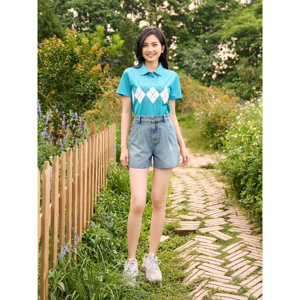 Quần Short Jeans nữ YODY xếp ly túi chéo lưng cao co giãn năng động SJN5044