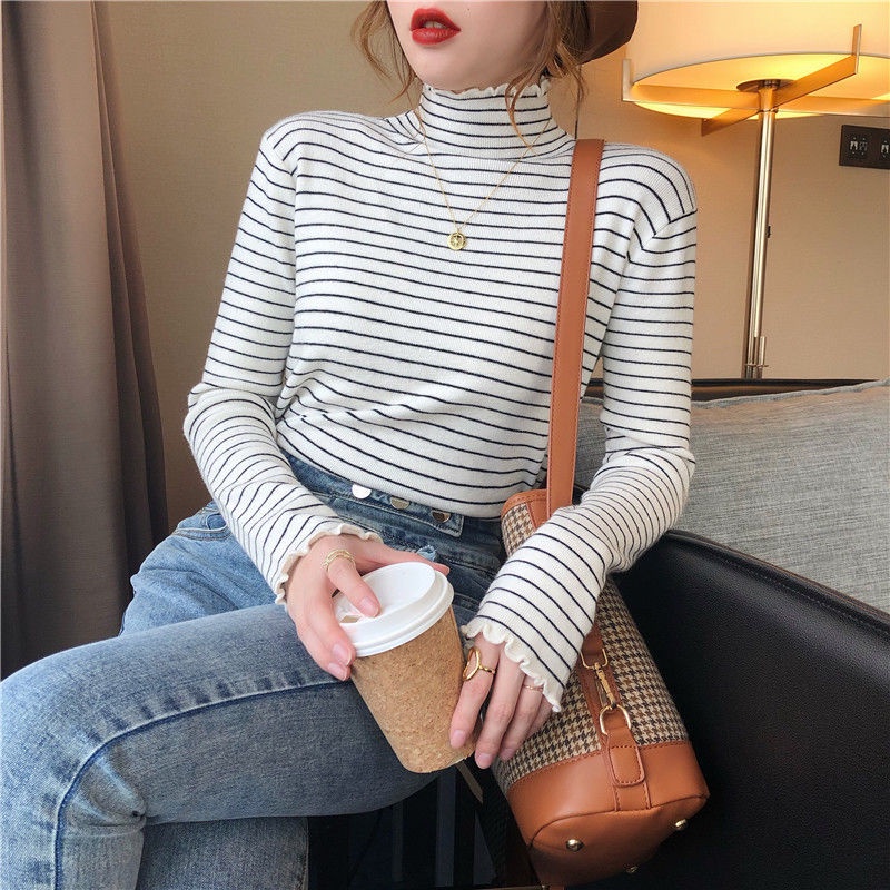 Áo Thun Cotton Tay Dài Cổ Cao Họa Tiết Kẻ Sọc Ngang Thời Trang Dành Cho Nữ