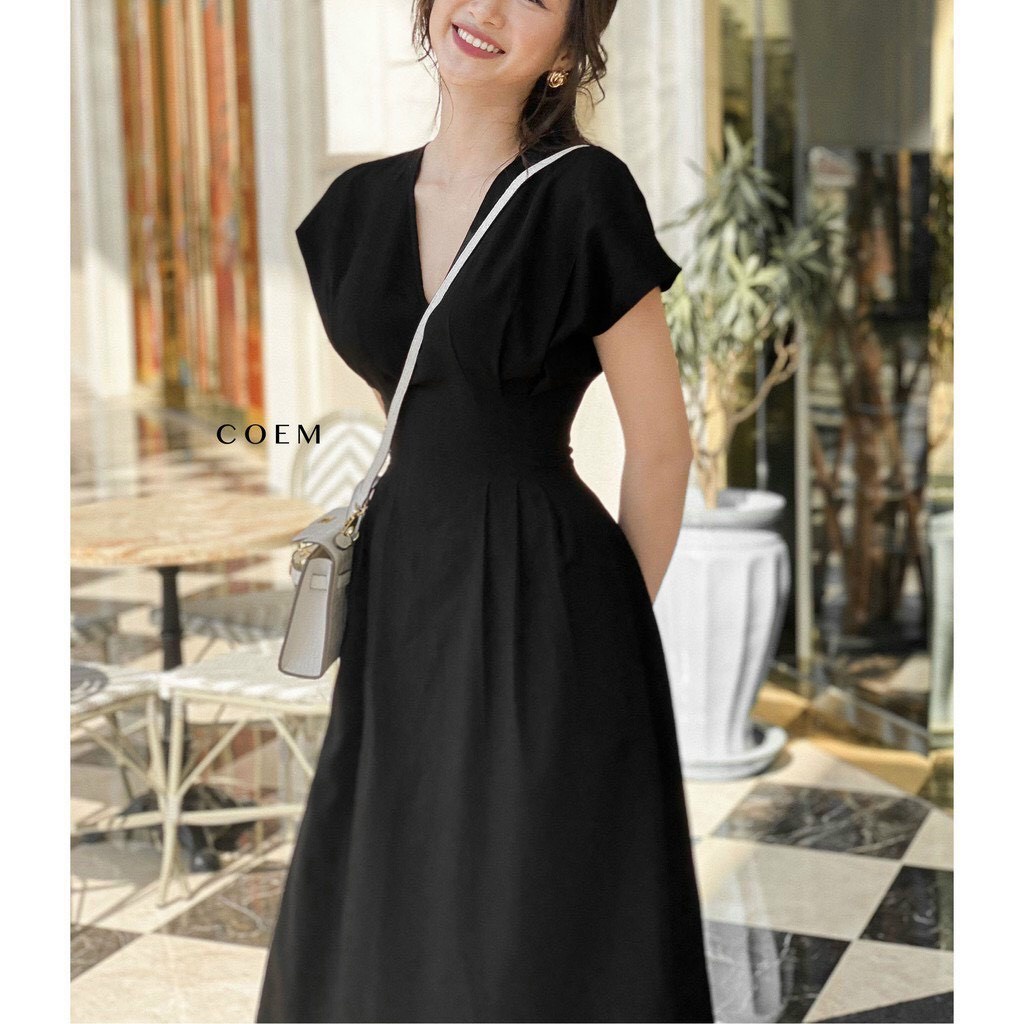 ĐẦM ĐEN XẾP LY CỔ TIM BO EO – VÁY ĐI TIỆC KHÔNG TÚI – GD218