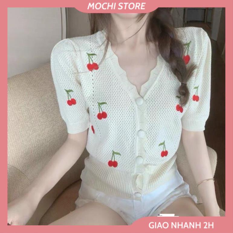 Áo Len Kiểu Ngắn Tay Cổ Cắt Gợn Sóng, Bo Gấu Thêu Họa Tiết Trái Cherry Chất Len Kiểu Lỗ Thoáng Khí Cách Điệu Lạ Mắt.
