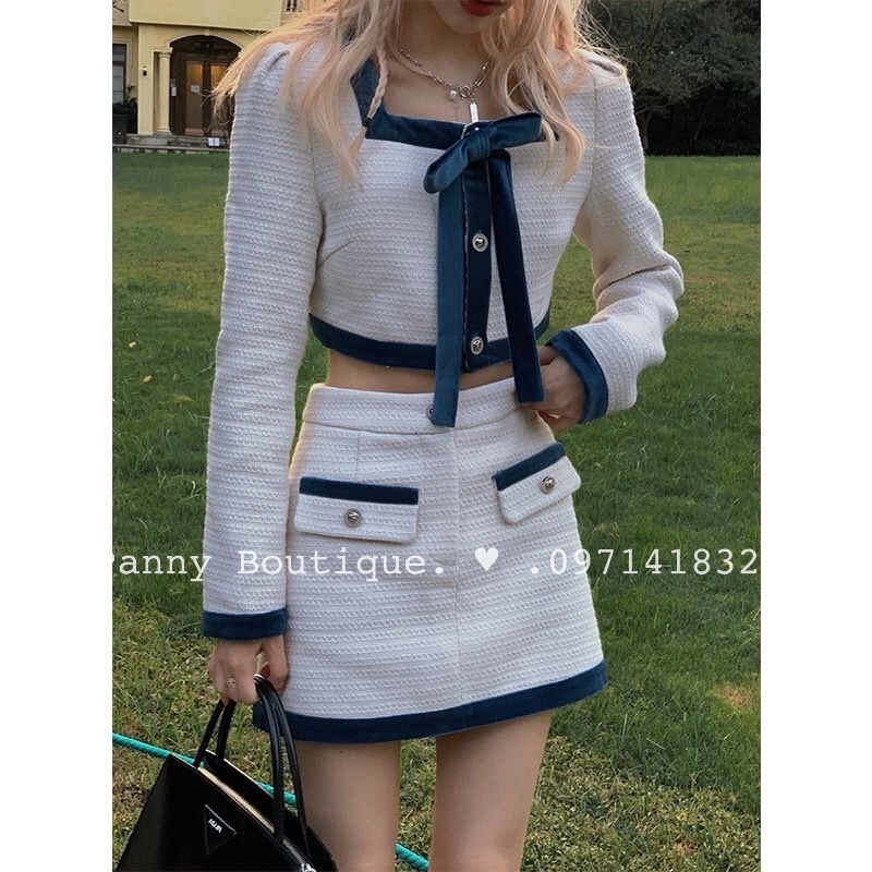 Set tweed trắng croptop viền pha nhung+chân váy, style ulzzang Hàn Quốc🌻 Panny Boutique 🌻