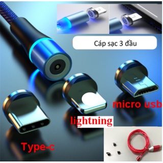 Cáp Sạc Nam Châm Hỗ Trợ Sạc Nhanh- 3 Đầu Sạc ,Micro USB,Typ-Độ Dài 1 Mét,Tròn Xoay 360 Độ-Bọc Dù Cao Cấp