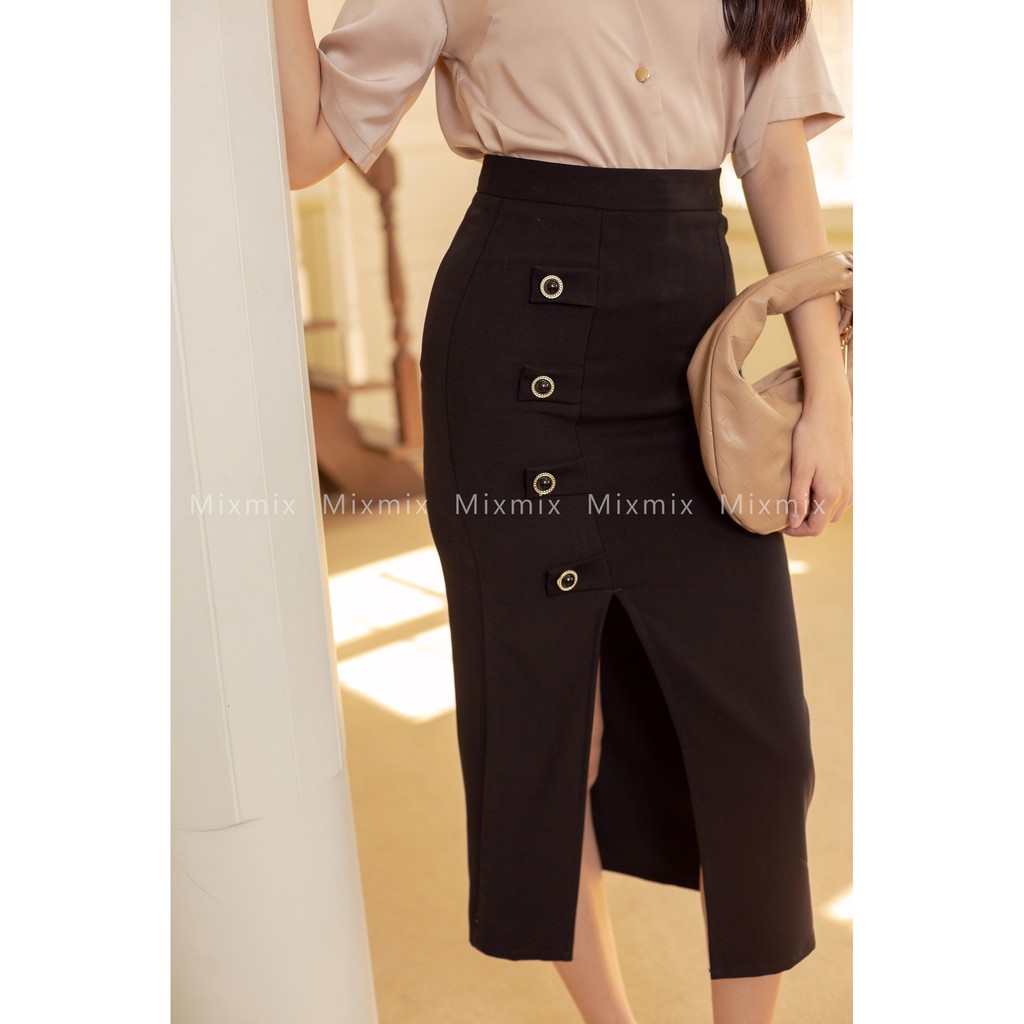 Chân váy bút chì Belle xẻ trước 4 nút - MixMix