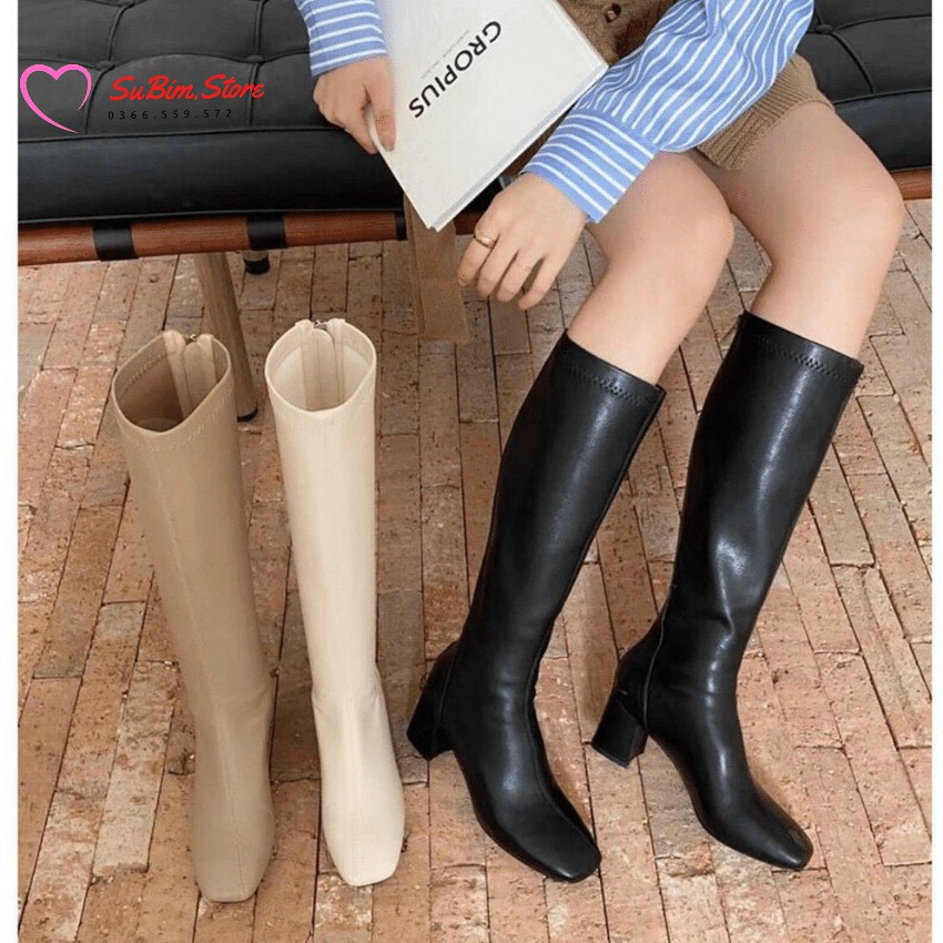 Bốt Đùi Da Mờ Khoá Sau Gót Vuông 5p Cao Cấp – SuBim.Store – Gót 5p, khoá sau
