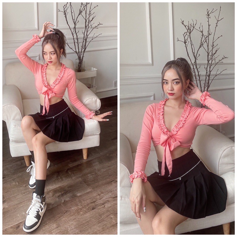 GILLBABY | Áo croptop kiểu cột nơ viền bèo freesize chất thun bozip sexy xinh xắn (Kitty top)