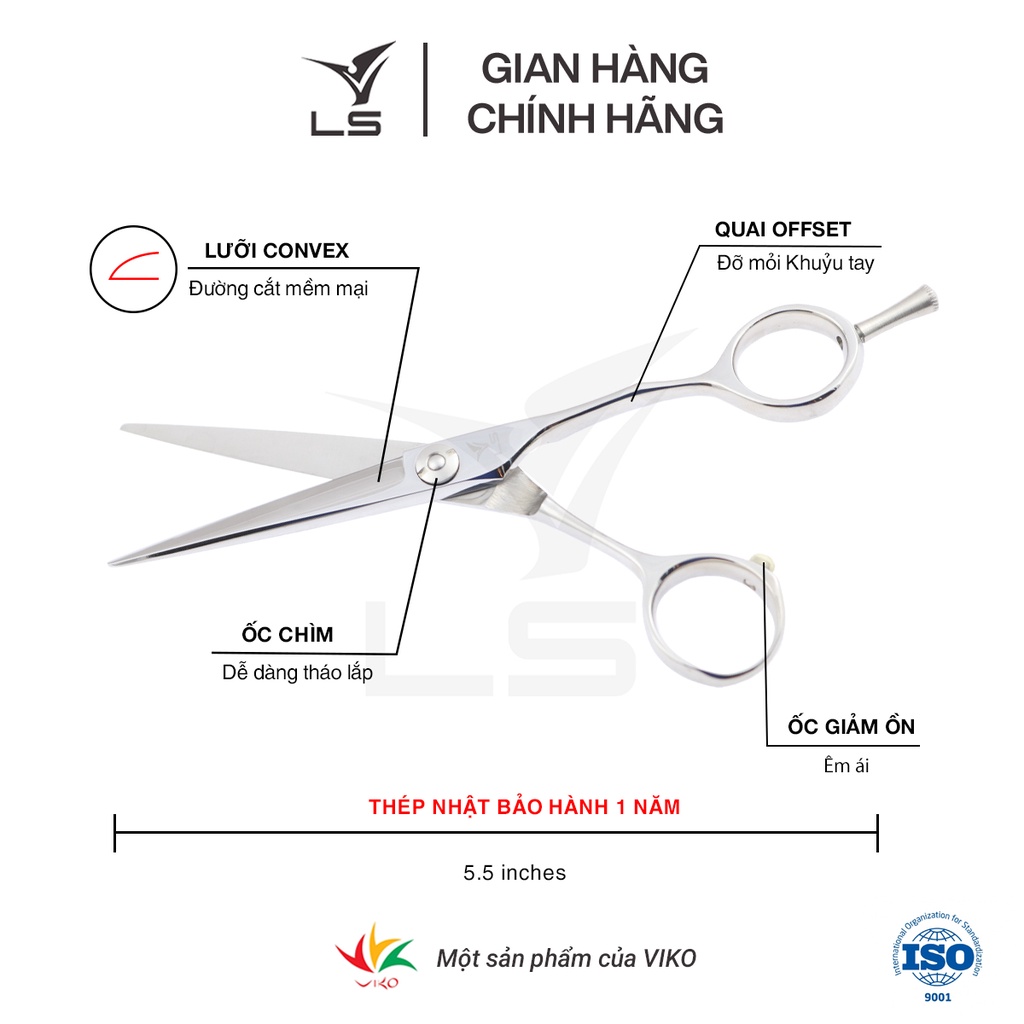 Kéo cắt tóc VLS lưỡi thẳng quai offset vênh đỡ ngón tháo rời JP551