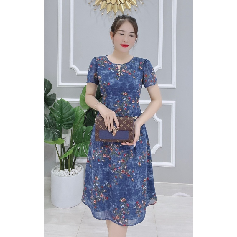 Đầm Trung Niên Thiết Kế Sang Trọng Có Big Size - Thời Trang Trung Niên 2022 - DP087 Xanh Jean