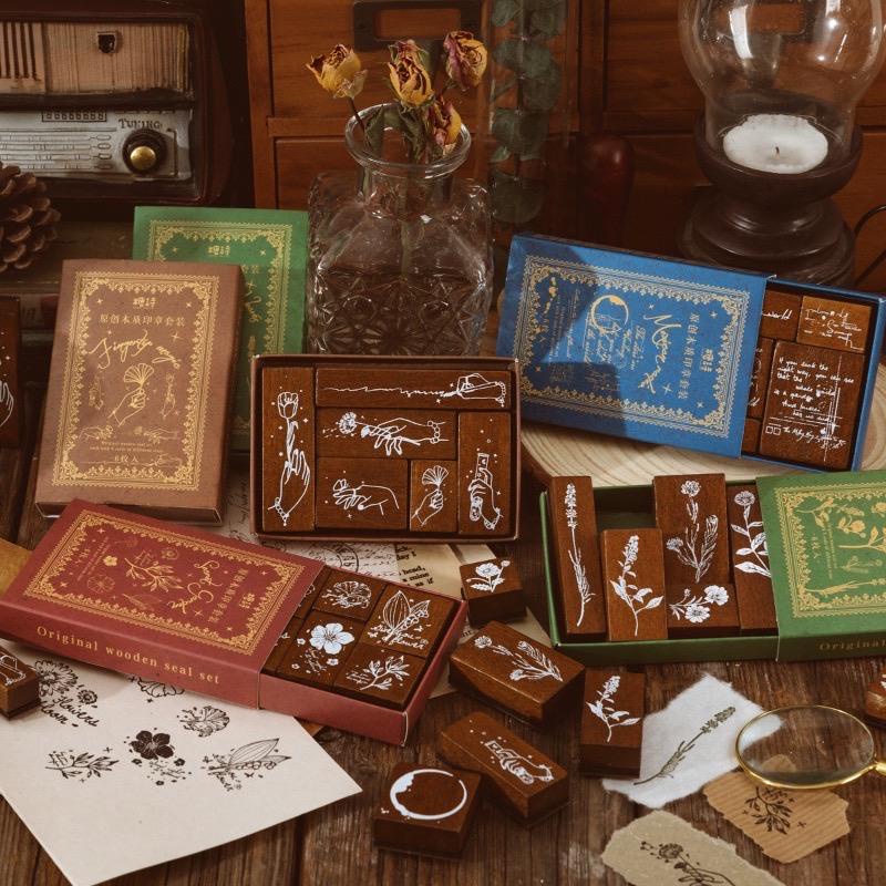Bộ 6 con dấu bằng gỗ đế cao su in hoạ tiết trang trí Vintage dùng trang trí sổ tay DIY