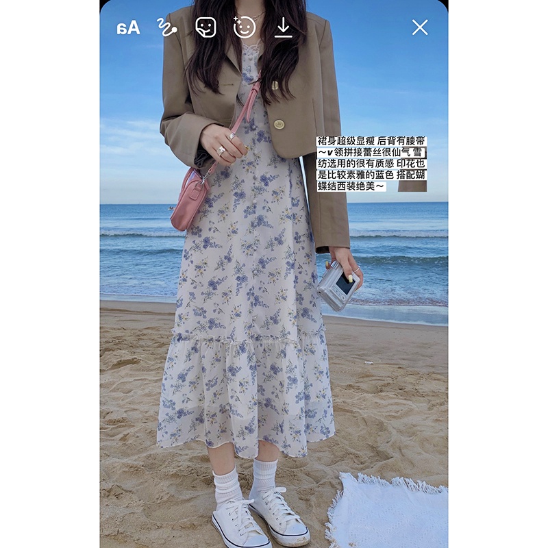 Váy voan hoa trắng xanh MORAN phối bèo ống tay rộng xòe đuôi cá điệu đà bánh bèo