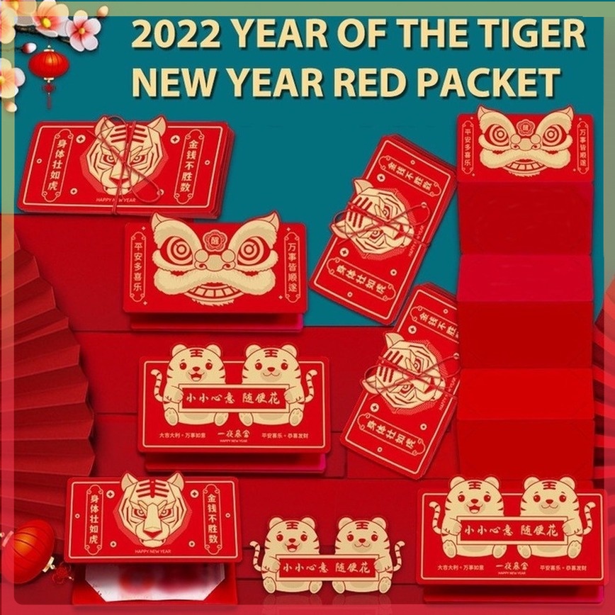 NEW Phong Bao Lì Xì Màu Đỏ Đẹp Tết 2022 Hoạt Hình Con Cọp Kute Thần Tài Tiền Đô Creative folding 6 card red envelope IN STOCK
