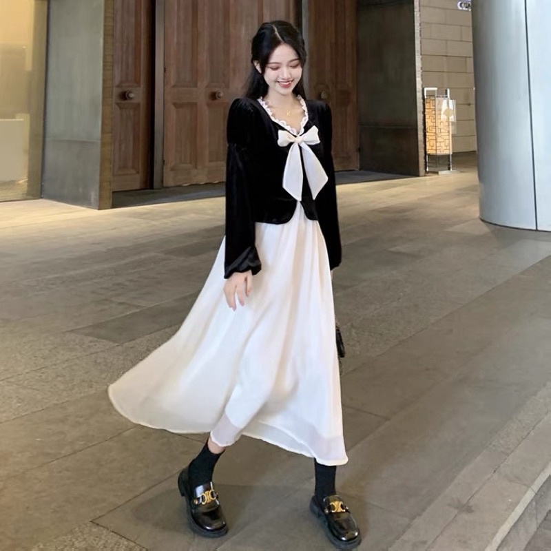 Đầm Nhung Đen Tay Dài Phong Cách Retro Pháp Thời Trang Thu đông Cho Nữ