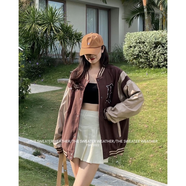 Áo khoác bóng chày chất nỉ phối tay da the.sweaterweather TSW (ảnh thật)