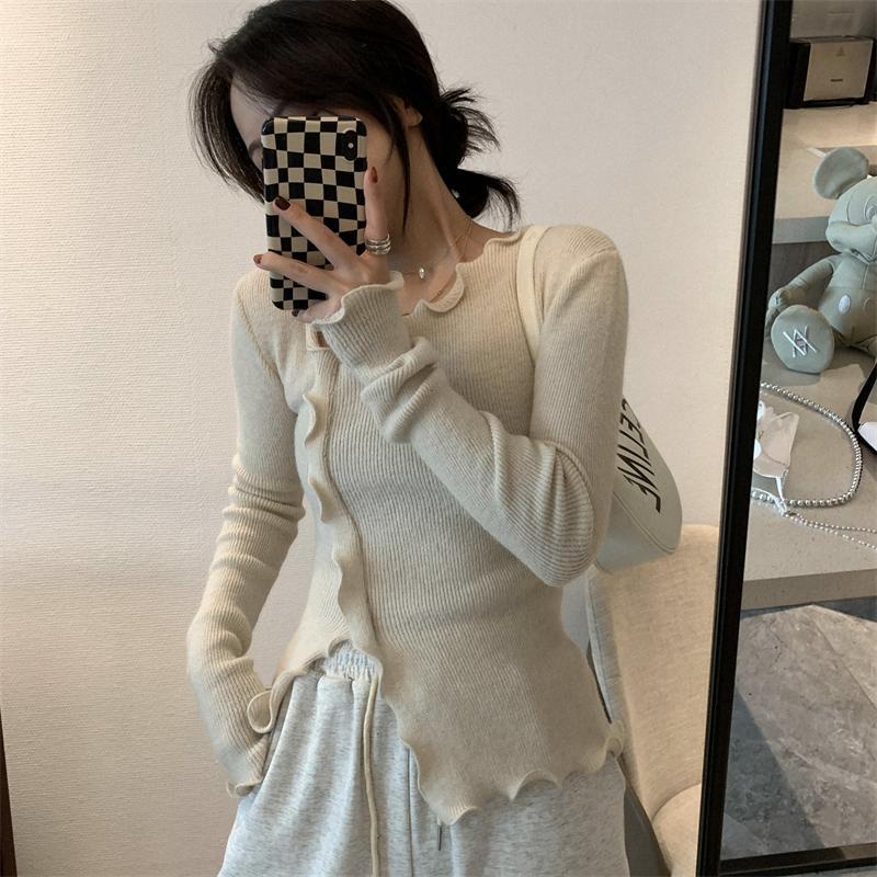 Áo Sweater dệt kim mềm mại tay dài phối ren thời trang cho nữ