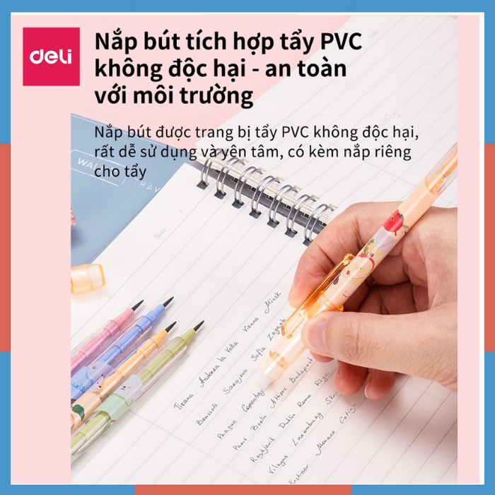 Bút chì khúc học sinh HB Deli kèm đầu tẩy màu ngẫu nhiên có thể thay thế ngòi, an toàn cho trẻ em khi sử dụng CC095