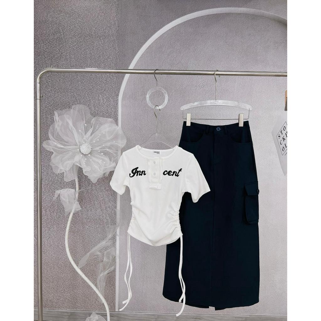 SET ÁO CROPTOP CỔ V XẺ RÚT DÂY CHỮ + CHÂN VÁY XANH MỰC TÚI HỘP (TH)