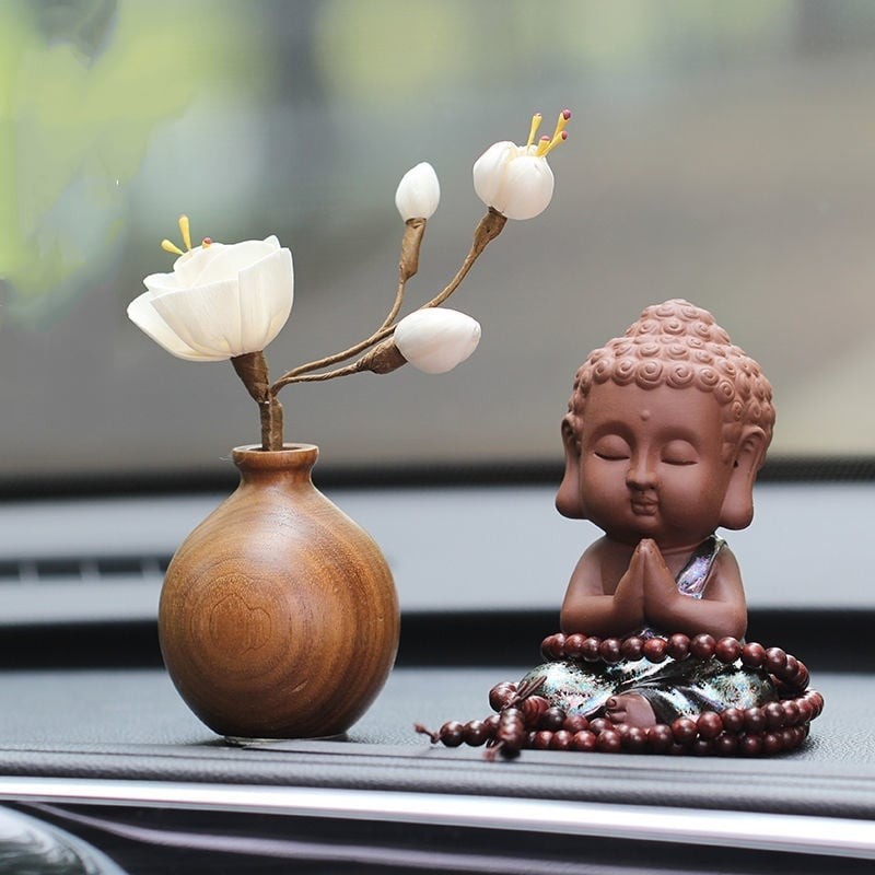 Tượng Phật Gốm Thích Ca Mâu Ni Thiền Định kết hợp Bình Liên Hoa Sen , Tượng Trang Trí Taplo Ô Tô