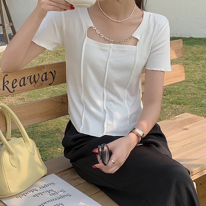 NZN Áo Thun Tay Ngắn Cổ Vuông Màu Sắc Đơn Giản Phong Cách Hàn Quốc Cho Nữ