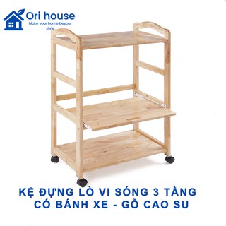 Kệ Đựng Lò Vi Sóng 3 Tầng - Có Bánh Xe - Gỗ Cao Su - Màu Tự Nhiên - Nội Thất Ori